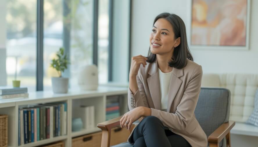An Asian woman sitting in a bright therapy office, looking warm and attentive.