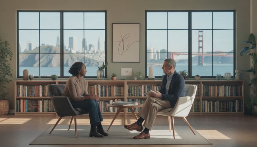 A therapist and an adult client having a conversation in a bright office with a view of the San Francisco skyline.