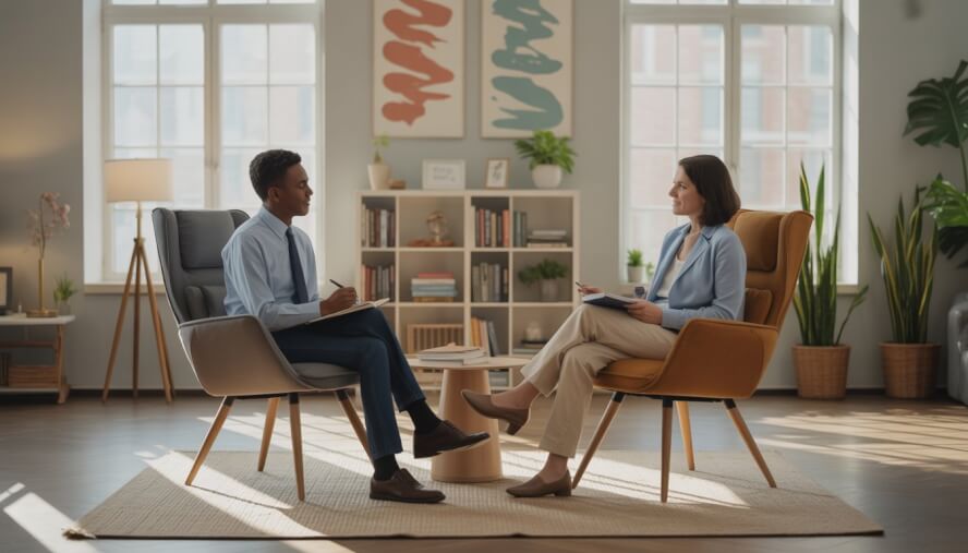Two adults engaged in a counseling session in a bright, comfortable therapy office.