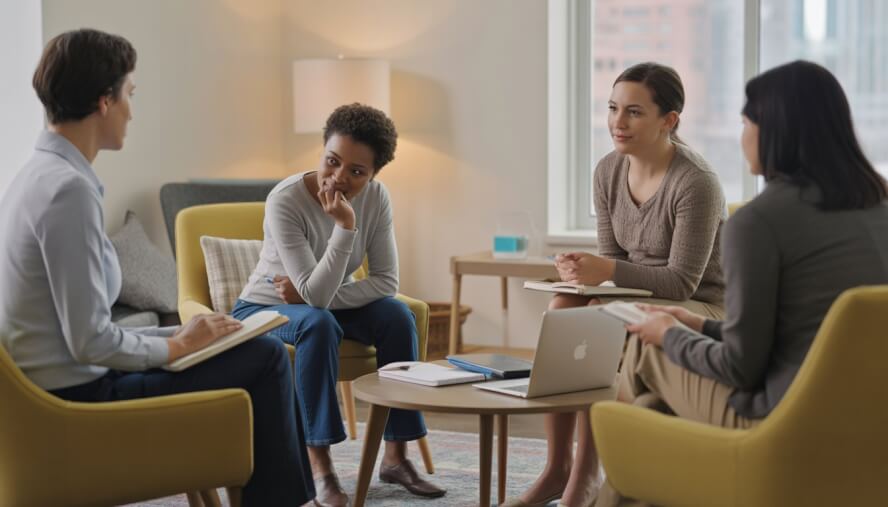 A therapist attentively listening to an adult client in a comfortable counseling office with a city view in the background.