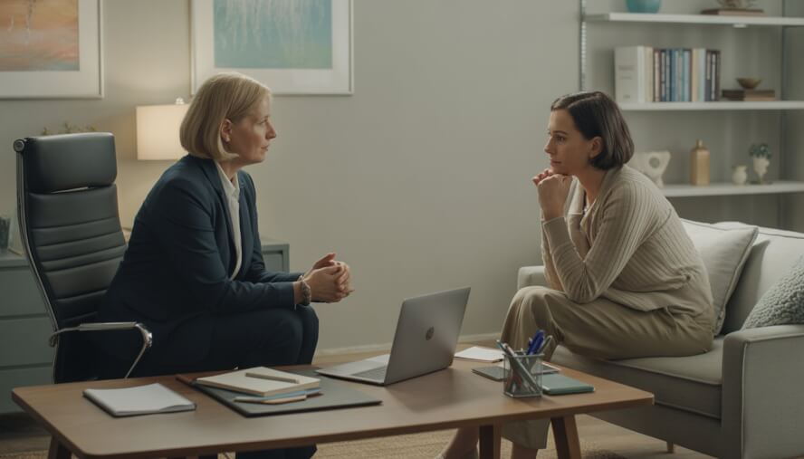 A therapist attentively listening to an adult client in a comfortable, well-lit therapy room with books and assessment tools.
