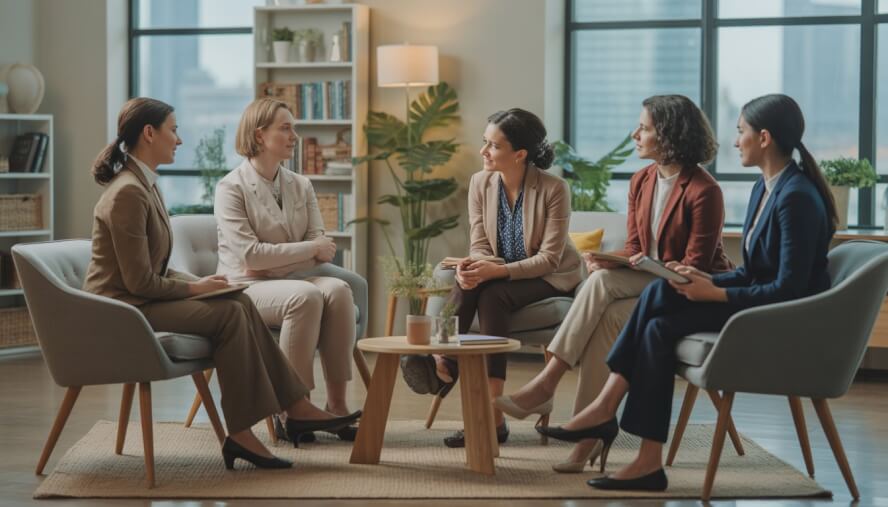 A diverse group of therapists talking with an adult client in a bright, comfortable therapy office with a view of Baltimore city.