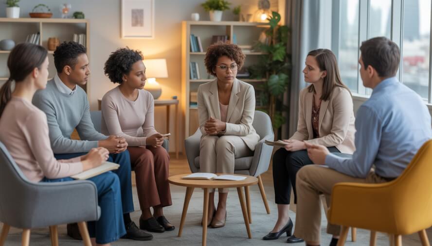A group of adults in a therapy session with a therapist in a bright, comfortable office with a city skyline visible through a window.