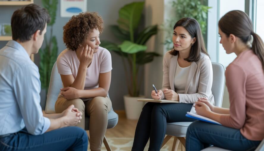 Adults in a bright counseling office engaged in a supportive therapy session with a therapist.