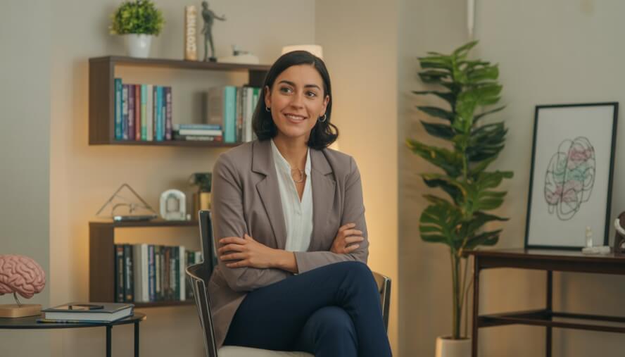 A female therapist sitting in a comfortable office with bookshelves and plants, looking welcoming and empathetic.