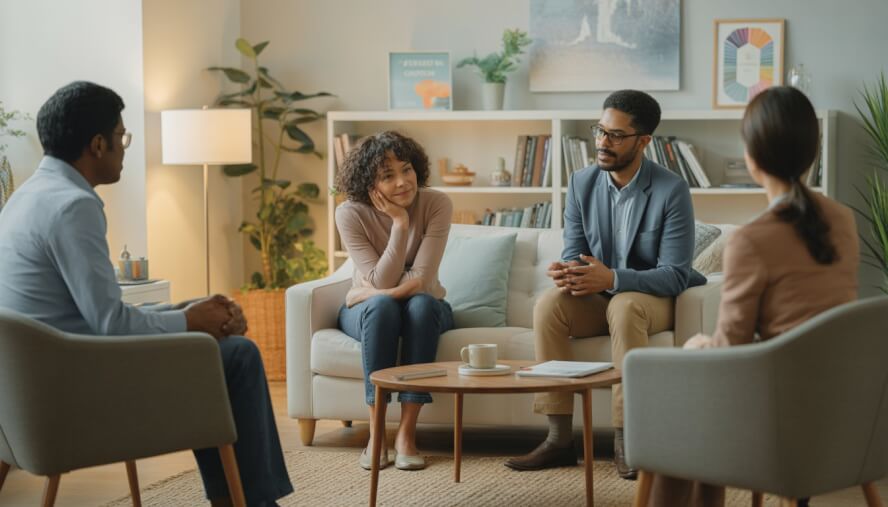 Adults in a warm, inviting therapy office engaged in a supportive counseling session with a therapist.