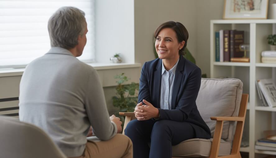 A therapist and an adult client having a calm conversation in a bright, comfortable therapy office.