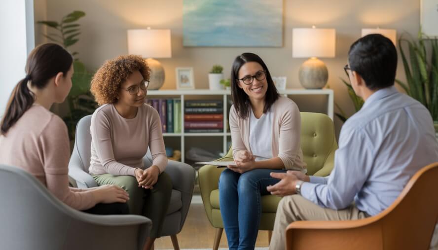 A therapist and diverse clients, including a child and an adult, engaged in a supportive therapy session in a bright, comfortable office.