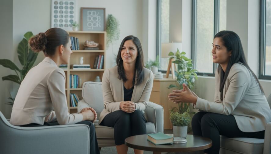 Three therapists talking with an adult client in a bright, comfortable counseling office.