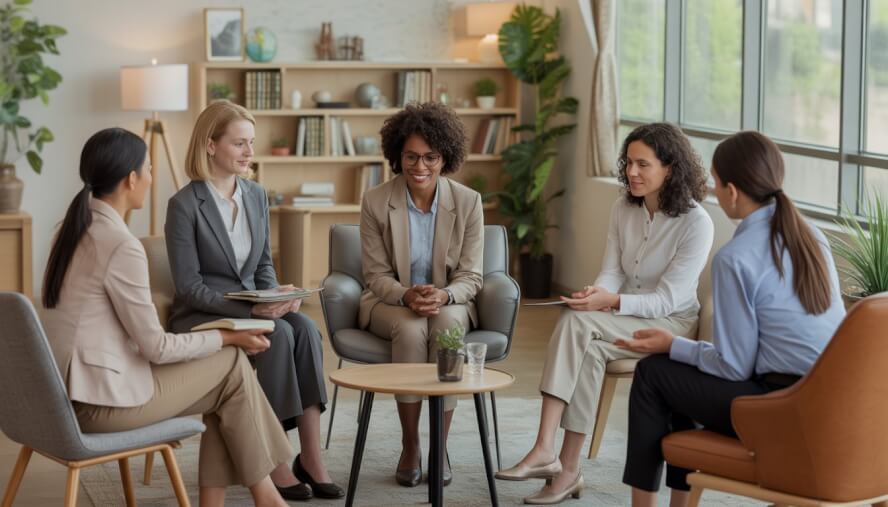 A group of licensed therapists talking with a gifted adult client in a bright, comfortable office.