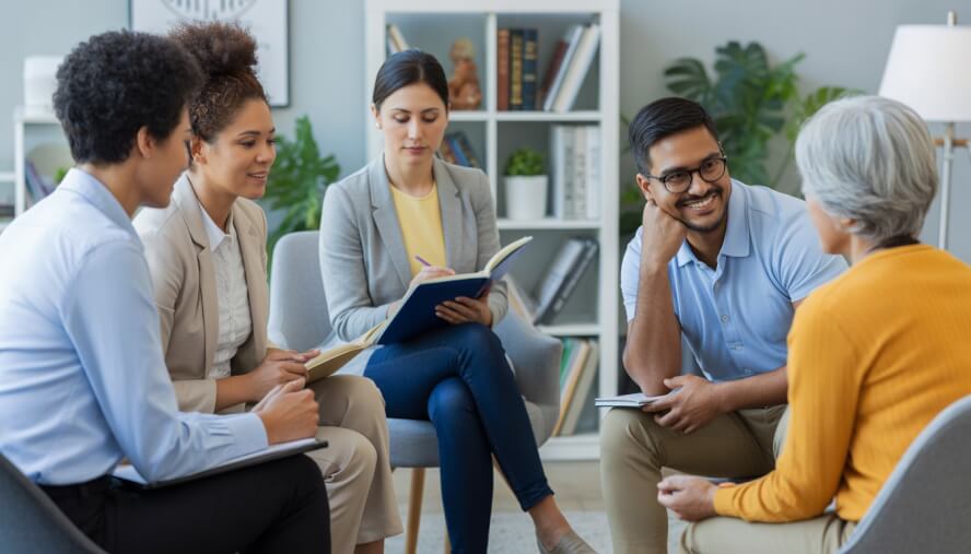 A diverse group of therapists and clients engaged in supportive conversations in a bright, welcoming therapy office.