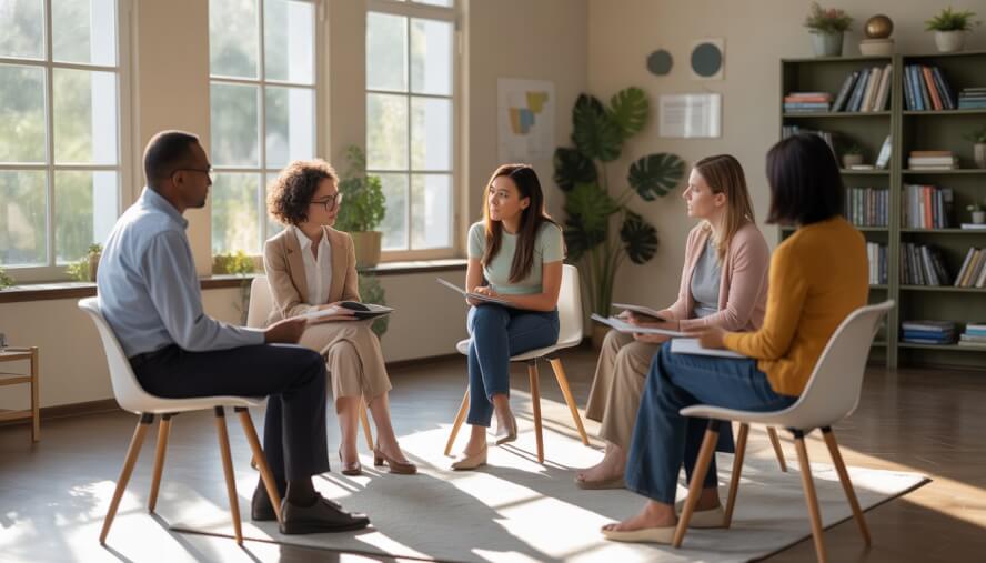A group of adults sitting in a circle in a bright therapy office, engaged in a supportive group session.