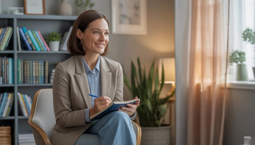 A female therapist sitting in a comfortable office, holding a notepad and smiling warmly, with bookshelves and a plant in the background.