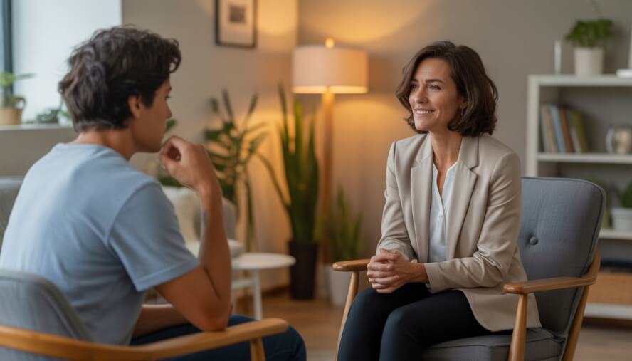 A therapist attentively speaking with an adult client in a modern office setting.