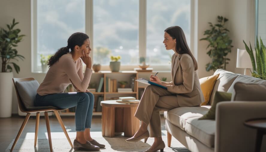 A therapist and adult client engaged in a counseling session in a bright, modern office.