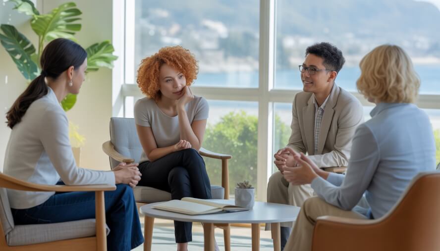 A therapist attentively listening to a client in a bright, comfortable therapy office with large windows and a view of a coastal city.