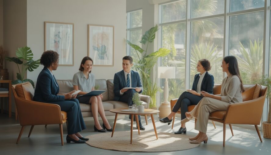 A mental health center reception area with therapists warmly interacting with adult clients in a bright, modern office.