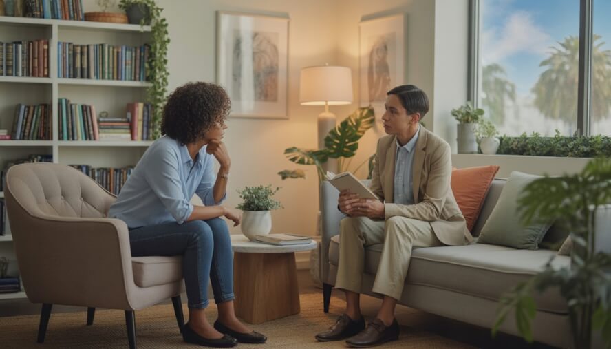 A therapist attentively listening to an adult client in a comfortable, well-lit therapy room with plants and bookshelves.