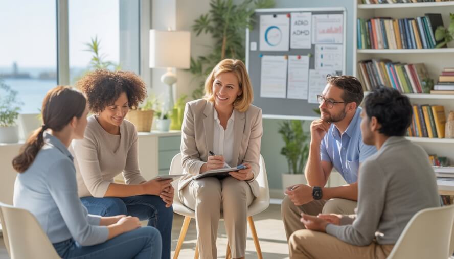 A diverse group of adults in a bright therapy office, engaged in a supportive session with a female therapist, with a sunny window showing palm trees outside.