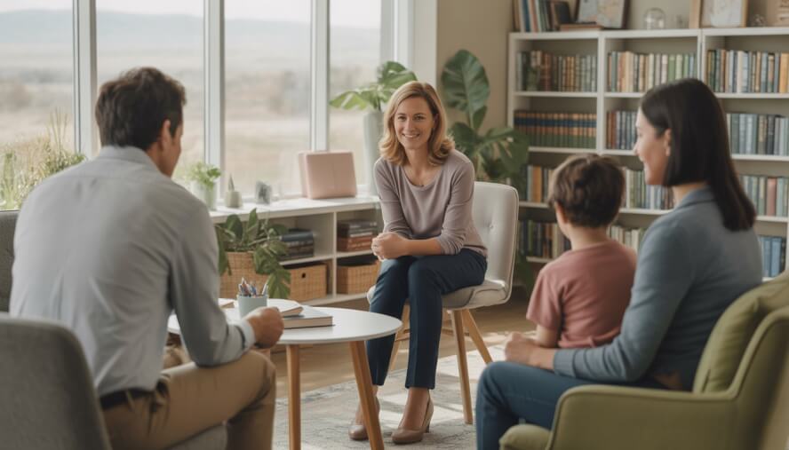 A female therapist talking with an adult client and a parent with a child in a bright, comfortable therapy office with bookshelves and plants.