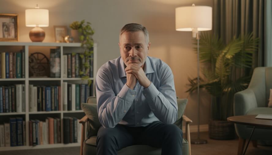 A middle-aged male therapist sitting in a comfortable chair in a warmly lit therapy office with bookshelves and plants in the background.