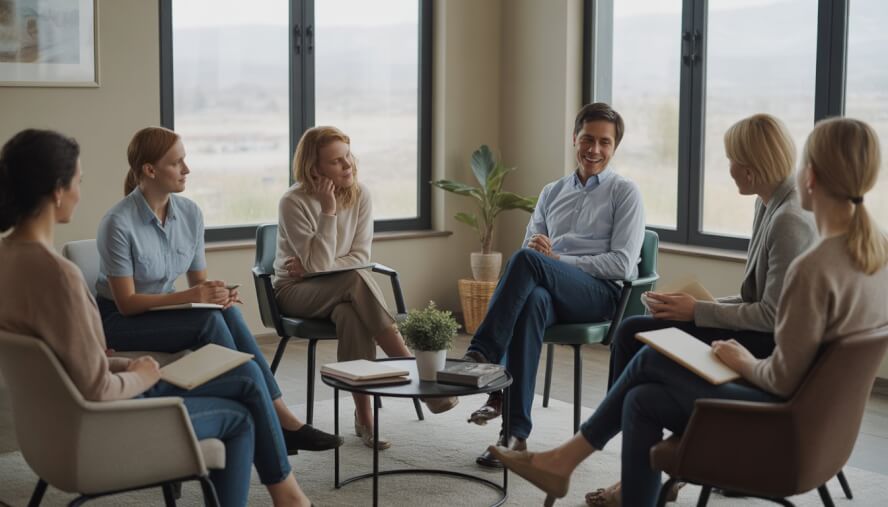 A therapist attentively speaking with a diverse group of adults in a bright, comfortable counseling office with large windows showing an outdoor view.
