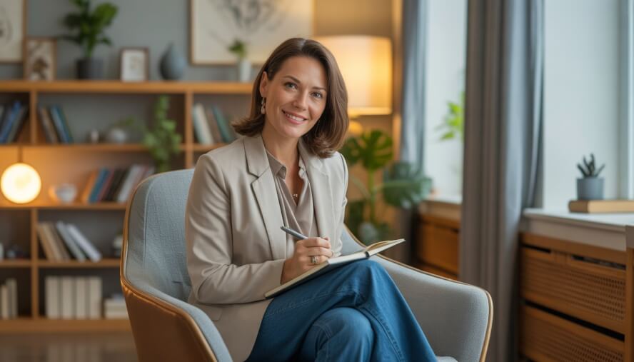A female therapist sitting in a comfortable chair in a warmly lit office with bookshelves and a plant.