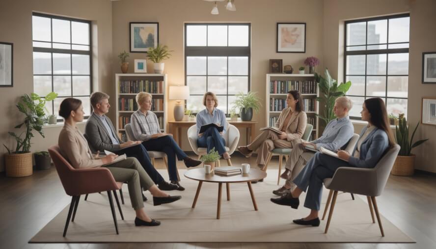 A therapist attentively listens to a group of adults seated in a comfortable, well-lit therapy room with large windows showing a cityscape outside.