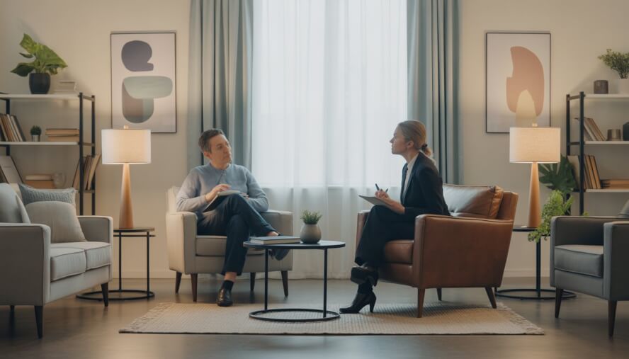 A therapist attentively listens to an adult client in a comfortable, well-lit counseling office.