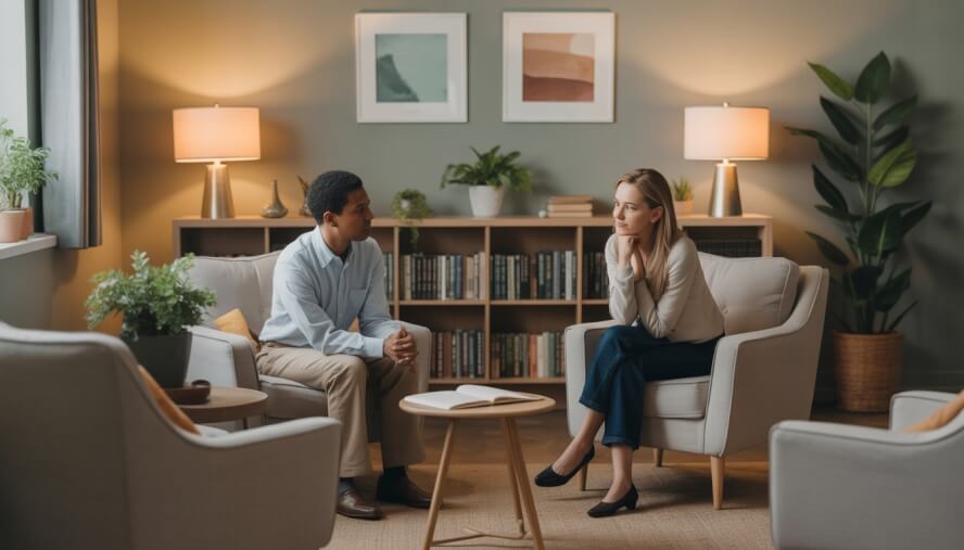 A therapist and a client having a calm and supportive counseling session in a comfortable office.