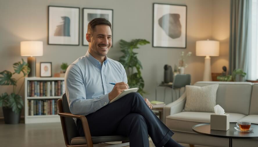 A man sitting in a comfortable therapy office, holding a notepad and pen, appearing calm and attentive.