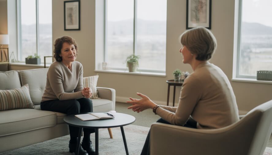 A therapist and an adult client having a supportive conversation in a bright, comfortable therapy office with a view of Boise outside.