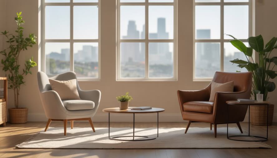 A calm therapy office with comfortable seating and large windows showing a city view.