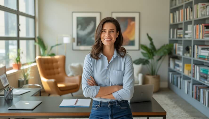 A therapist standing inside a bright and modern therapy center office with bookshelves and plants.