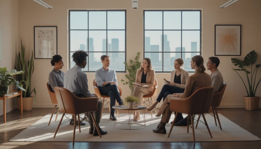 A therapy session with adults seated in a circle in a bright room overlooking the Los Angeles skyline.