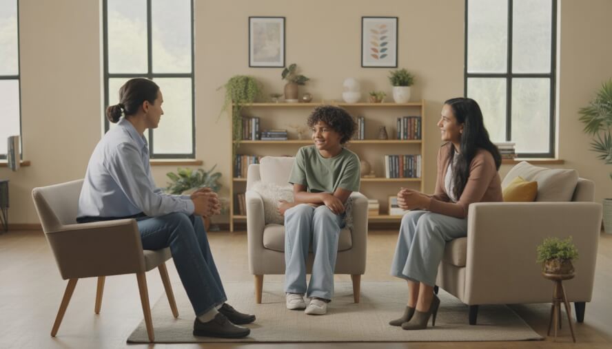 A therapist talking with a child, teenager, and adult in a bright, comfortable therapy office.