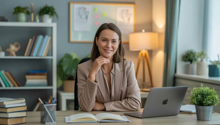 A female therapist sitting at a desk in a cozy office with books and plants, smiling warmly.