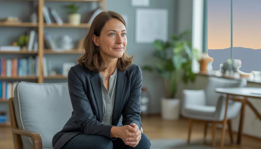 A female therapist sitting in a bright, organized office, attentively listening with a gentle smile.