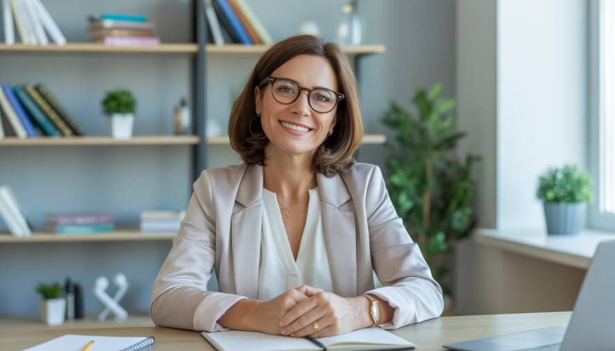 A female neuropsychologist sitting in a bright office with bookshelves and a desk, looking confident and approachable.