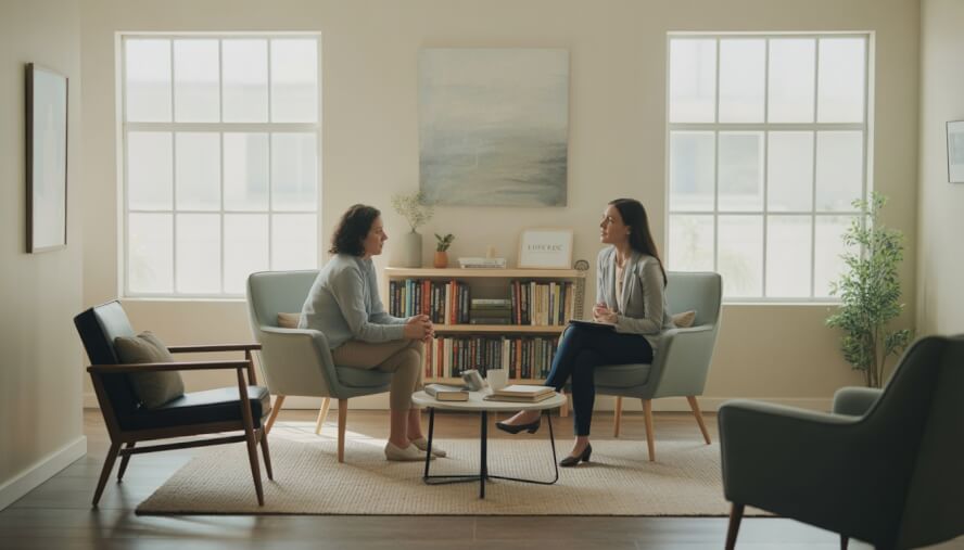 A therapist and an adult client having a counseling session in a bright, comfortable therapy room.