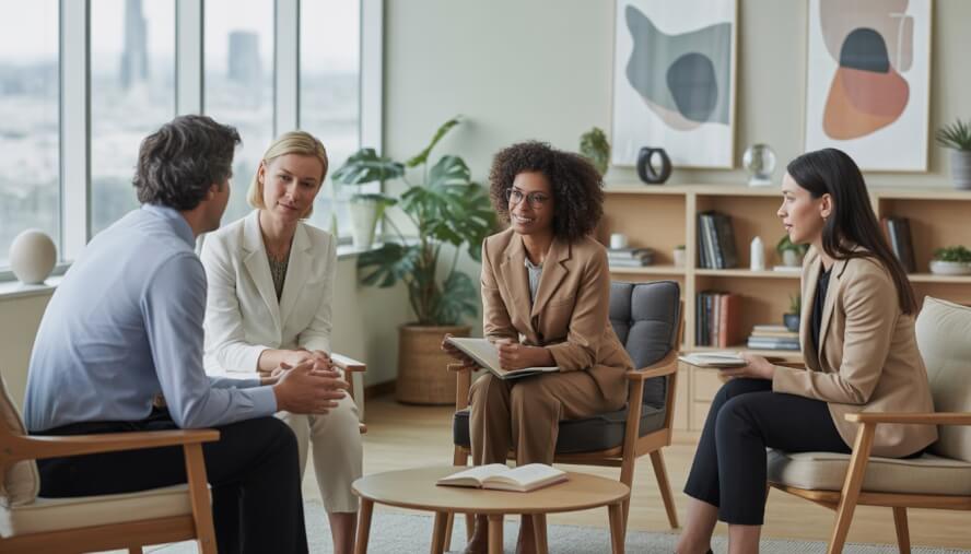 Counselors and a client having a supportive conversation in a bright office with a view of the San Francisco skyline.