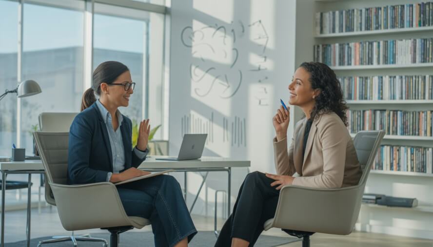 A psychologist and a gifted adult client having a thoughtful conversation in a modern office.