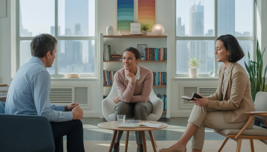 Two therapists talking supportively with a client in a bright office with a view of the Chicago skyline.