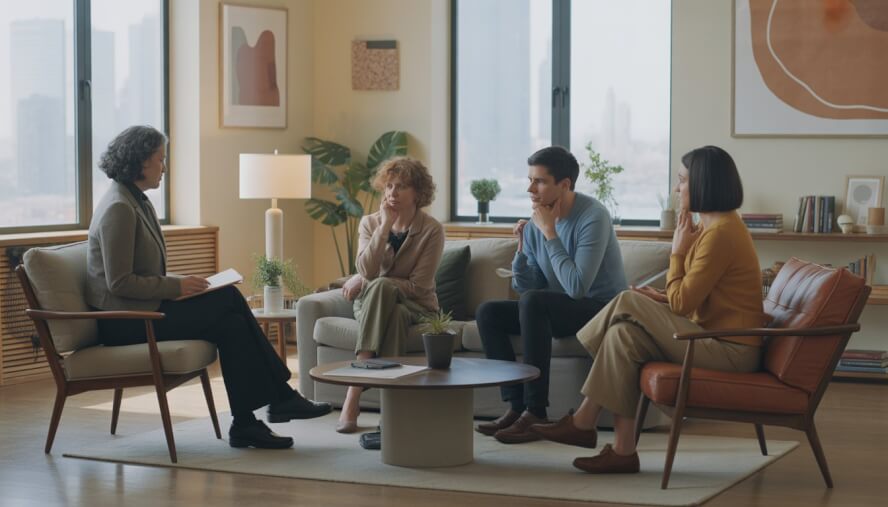 A therapy session with a therapist and two adults in a bright, comfortable office with city views.