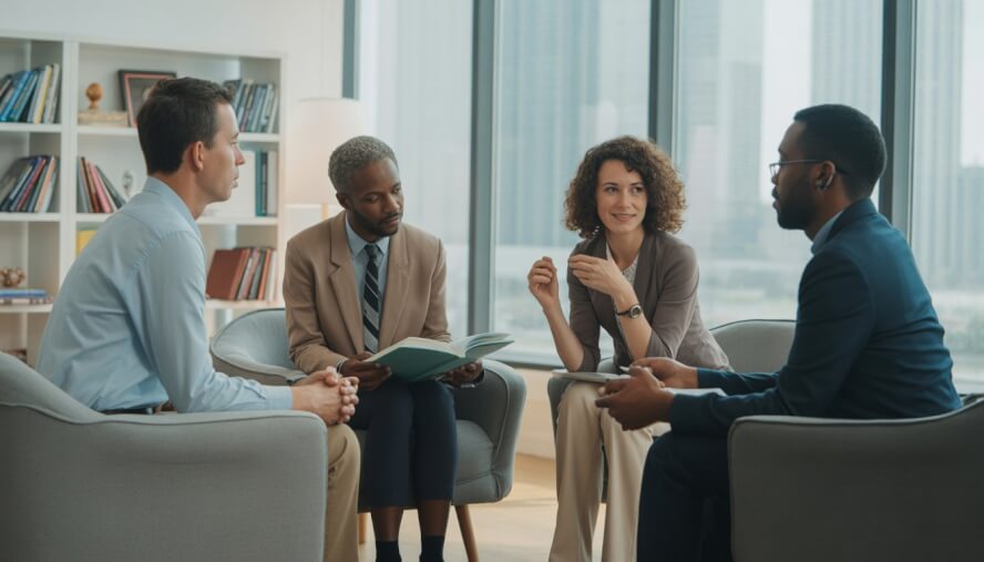 A group of counselors talking with a client in a bright office with bookshelves and large windows showing a city view.