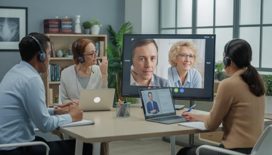 Clinicians conducting a telehealth therapy session with adult clients displayed on a computer screen in a modern office.