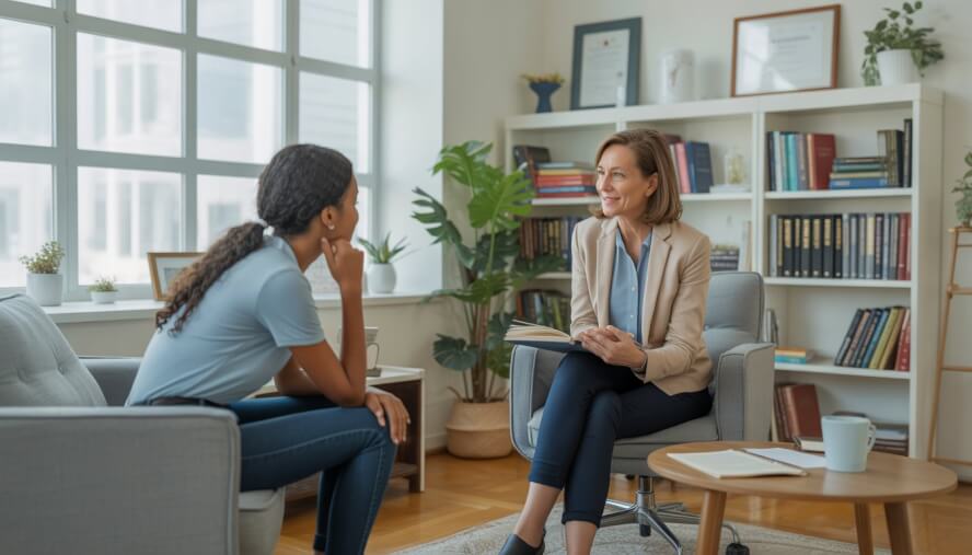 A female therapist attentively talking with a young adult client in a bright, comfortable office setting.