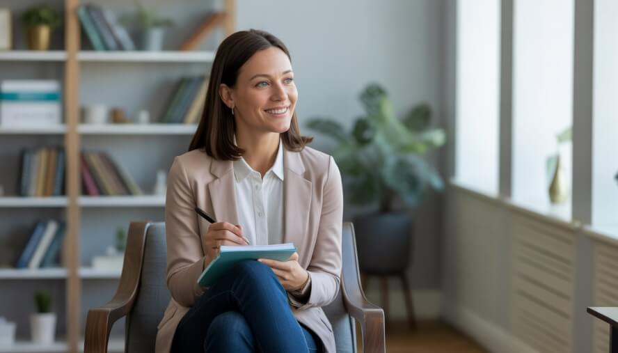 A female therapist sitting in a modern office, holding a notepad and pen, smiling warmly and appearing engaged in conversation.