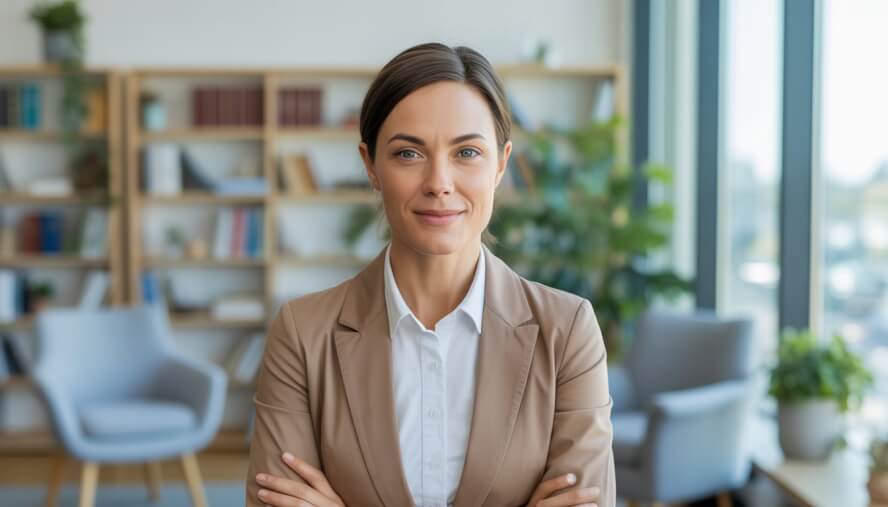 A female therapist sitting in a bright office with bookshelves and plants, looking warm and approachable.