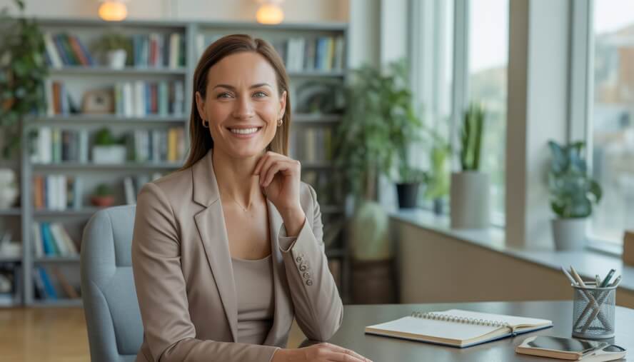 A female therapist sitting in a bright, inviting office with bookshelves and plants, smiling warmly.